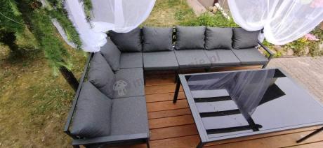 Grafitowe nowoczesne meble tarasowe Sodor Corner XXL narożnik z 2 fotelami i 2 pufami - Dark Grey