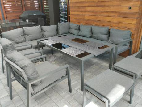Grafitowe nowoczesne meble tarasowe Sodor Corner XXL narożnik z 2 fotelami i 2 pufami - Dark Grey