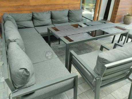 Grafitowe nowoczesne meble tarasowe Sodor Corner XXL narożnik z 2 fotelami i 2 pufami - Dark Grey