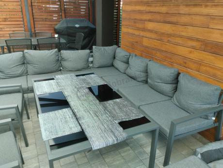 Grafitowe nowoczesne meble tarasowe Sodor Corner XXL narożnik z 2 fotelami i 2 pufami - Dark Grey