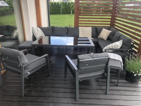 Grafitowe nowoczesne meble tarasowe Sodor Corner XXL narożnik z 2 fotelami i 2 pufami - Dark Grey