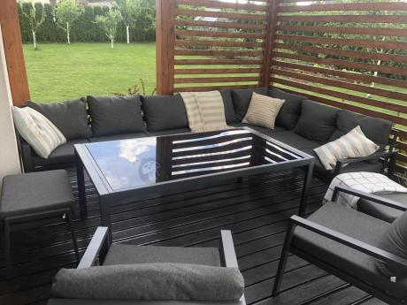 Grafitowe nowoczesne meble tarasowe Sodor Corner XXL narożnik z 2 fotelami i 2 pufami - Dark Grey