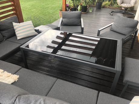 Grafitowe nowoczesne meble tarasowe Sodor Corner XXL narożnik z 2 fotelami i 2 pufami - Dark Grey