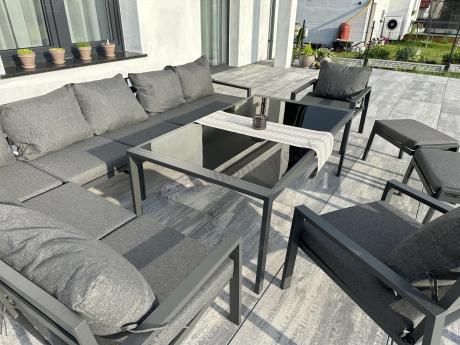 Grafitowe nowoczesne meble tarasowe Sodor Corner XXL narożnik z 2 fotelami i 2 pufami - Dark Grey