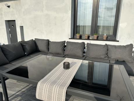 Grafitowe nowoczesne meble tarasowe Sodor Corner XXL narożnik z 2 fotelami i 2 pufami - Dark Grey
