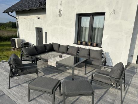 Grafitowe nowoczesne meble tarasowe Sodor Corner XXL narożnik z 2 fotelami i 2 pufami - Dark Grey