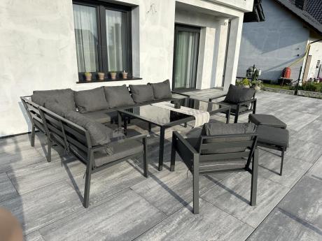 Grafitowe nowoczesne meble tarasowe Sodor Corner XXL narożnik z 2 fotelami i 2 pufami - Dark Grey