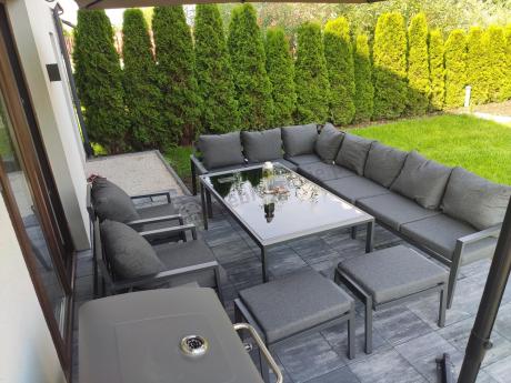 Grafitowe nowoczesne meble tarasowe Sodor Corner XXL narożnik z 2 fotelami i 2 pufami - Dark Grey