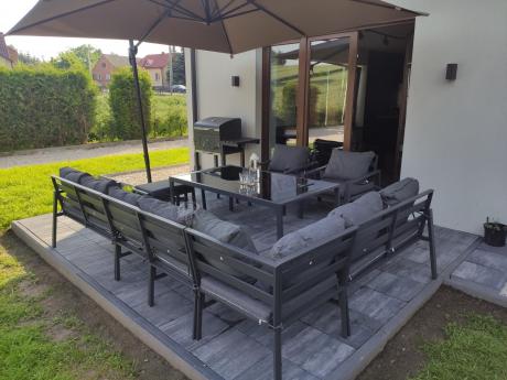 Grafitowe nowoczesne meble tarasowe Sodor Corner XXL narożnik z 2 fotelami i 2 pufami - Dark Grey