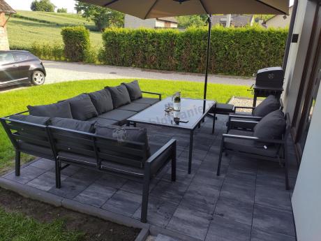 Grafitowe nowoczesne meble tarasowe Sodor Corner XXL narożnik z 2 fotelami i 2 pufami - Dark Grey