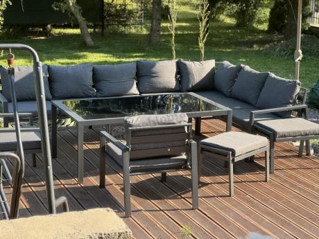 Grafitowe nowoczesne meble tarasowe Sodor Corner XXL narożnik z 2 fotelami i 2 pufami - Dark Grey