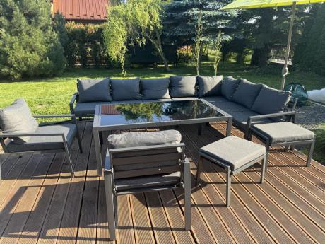 Grafitowe nowoczesne meble tarasowe Sodor Corner XXL narożnik z 2 fotelami i 2 pufami - Dark Grey