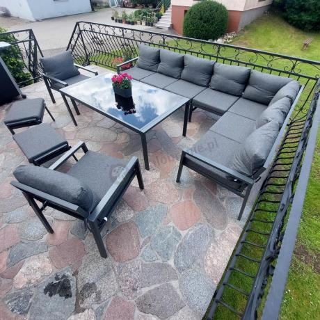 Grafitowe nowoczesne meble tarasowe Sodor Corner XXL narożnik z 2 fotelami i 2 pufami - Dark Grey