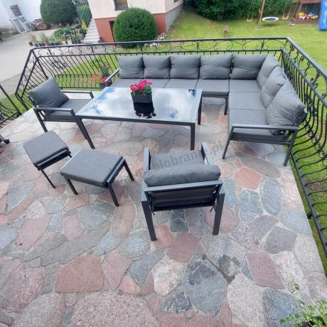 Grafitowe nowoczesne meble tarasowe Sodor Corner XXL narożnik z 2 fotelami i 2 pufami - Dark Grey
