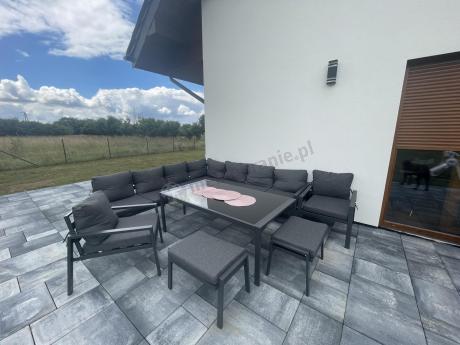 Grafitowe nowoczesne meble tarasowe Sodor Corner XXL narożnik z 2 fotelami i 2 pufami - Dark Grey