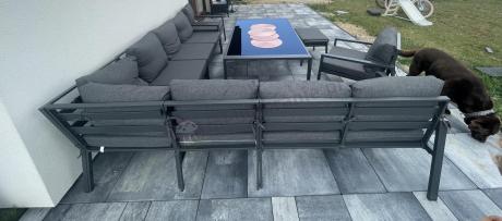 Grafitowe nowoczesne meble tarasowe Sodor Corner XXL narożnik z 2 fotelami i 2 pufami - Dark Grey