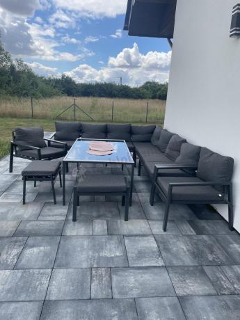 Grafitowe nowoczesne meble tarasowe Sodor Corner XXL narożnik z 2 fotelami i 2 pufami - Dark Grey