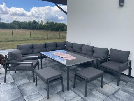 Grafitowe nowoczesne meble tarasowe Sodor Corner XXL narożnik z 2 fotelami i 2 pufami - Dark Grey