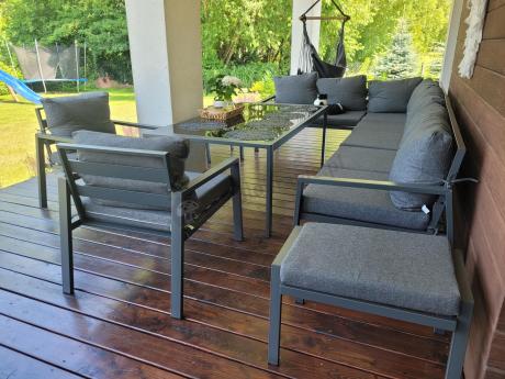 Grafitowe nowoczesne meble tarasowe Sodor Corner XXL narożnik z 2 fotelami i 2 pufami - Dark Grey