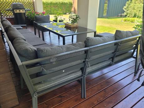 Grafitowe nowoczesne meble tarasowe Sodor Corner XXL narożnik z 2 fotelami i 2 pufami - Dark Grey