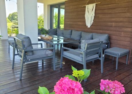 Grafitowe nowoczesne meble tarasowe Sodor Corner XXL narożnik z 2 fotelami i 2 pufami - Dark Grey
