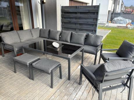Grafitowe nowoczesne meble tarasowe Sodor Corner XXL narożnik z 2 fotelami i 2 pufami - Dark Grey