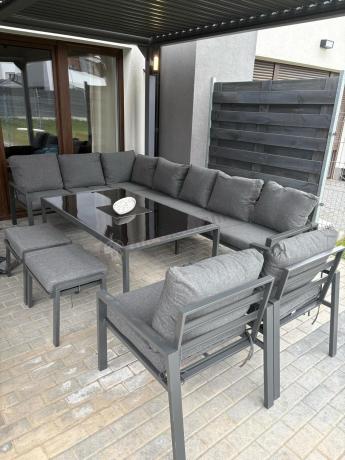 Grafitowe nowoczesne meble tarasowe Sodor Corner XXL narożnik z 2 fotelami i 2 pufami - Dark Grey