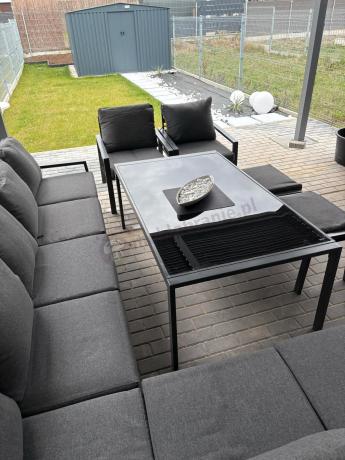 Grafitowe nowoczesne meble tarasowe Sodor Corner XXL narożnik z 2 fotelami i 2 pufami - Dark Grey