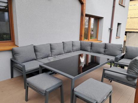 Grafitowe nowoczesne meble tarasowe Sodor Corner XXL narożnik z 2 fotelami i 2 pufami - Dark Grey