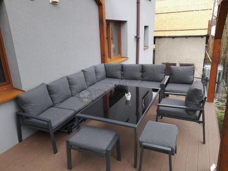 Grafitowe nowoczesne meble tarasowe Sodor Corner XXL narożnik z 2 fotelami i 2 pufami - Dark Grey