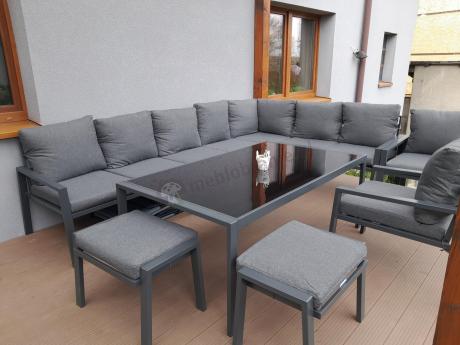 Grafitowe nowoczesne meble tarasowe Sodor Corner XXL narożnik z 2 fotelami i 2 pufami - Dark Grey
