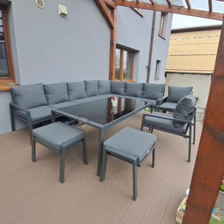 Grafitowe nowoczesne meble tarasowe Sodor Corner XXL narożnik z 2 fotelami i 2 pufami - Dark Grey