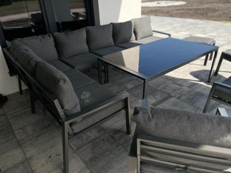 Grafitowe nowoczesne meble tarasowe Sodor Corner XXL narożnik z 2 fotelami i 2 pufami - Dark Grey
