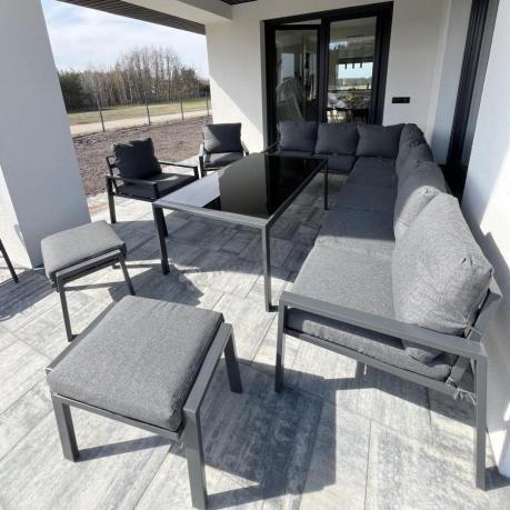 Grafitowe nowoczesne meble tarasowe Sodor Corner XXL narożnik z 2 fotelami i 2 pufami - Dark Grey