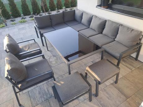 Grafitowe nowoczesne meble tarasowe Sodor Corner XXL narożnik z 2 fotelami i 2 pufami - Dark Grey