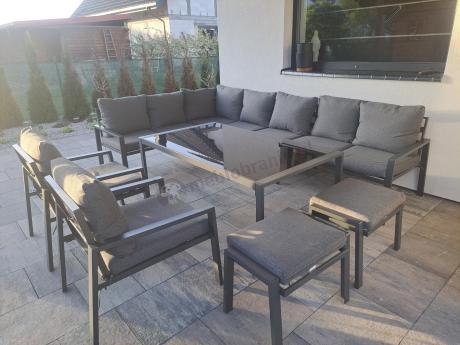Grafitowe nowoczesne meble tarasowe Sodor Corner XXL narożnik z 2 fotelami i 2 pufami - Dark Grey