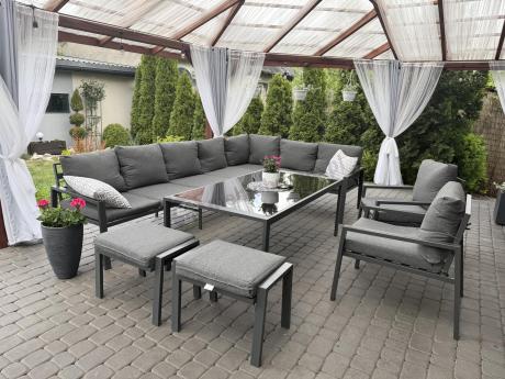 Grafitowe nowoczesne meble tarasowe Sodor Corner XXL narożnik z 2 fotelami i 2 pufami - Dark Grey