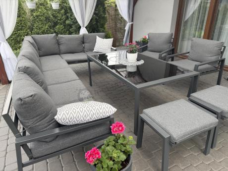 Grafitowe nowoczesne meble tarasowe Sodor Corner XXL narożnik z 2 fotelami i 2 pufami - Dark Grey