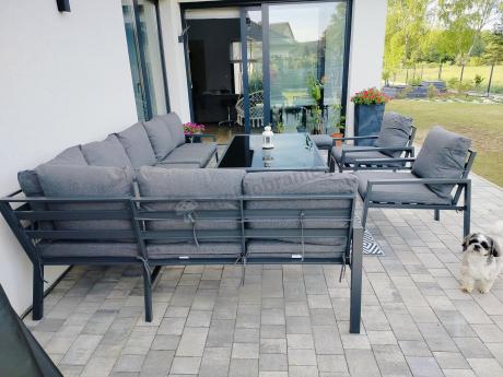 Grafitowe nowoczesne meble tarasowe Sodor Corner XXL narożnik z 2 fotelami i 2 pufami - Dark Grey