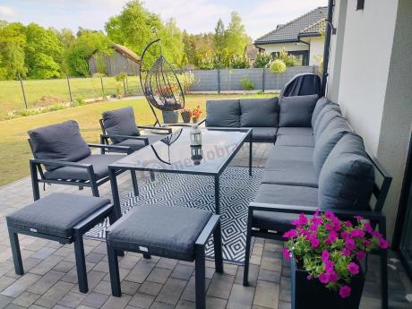 Grafitowe nowoczesne meble tarasowe Sodor Corner XXL narożnik z 2 fotelami i 2 pufami - Dark Grey