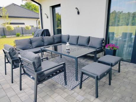 Grafitowe nowoczesne meble tarasowe Sodor Corner XXL narożnik z 2 fotelami i 2 pufami - Dark Grey