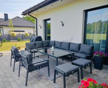 Grafitowe nowoczesne meble tarasowe Sodor Corner XXL narożnik z 2 fotelami i 2 pufami - Dark Grey