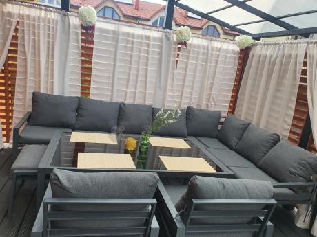 Grafitowe nowoczesne meble tarasowe Sodor Corner XXL narożnik z 2 fotelami i 2 pufami - Dark Grey