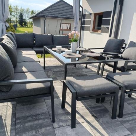 Grafitowe nowoczesne meble tarasowe Sodor Corner XXL narożnik z 2 fotelami i 2 pufami - Dark Grey