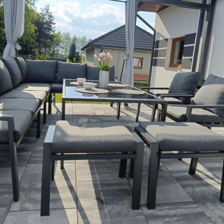 Grafitowe nowoczesne meble tarasowe Sodor Corner XXL narożnik z 2 fotelami i 2 pufami - Dark Grey
