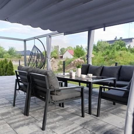 Grafitowe nowoczesne meble tarasowe Sodor Corner XXL narożnik z 2 fotelami i 2 pufami - Dark Grey