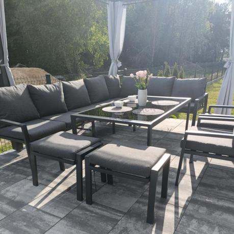 Grafitowe nowoczesne meble tarasowe Sodor Corner XXL narożnik z 2 fotelami i 2 pufami - Dark Grey
