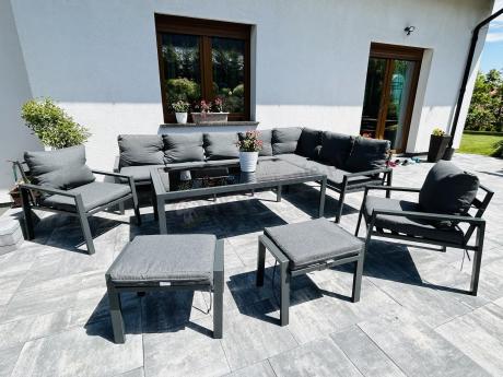 Grafitowe nowoczesne meble tarasowe Sodor Corner XXL narożnik z 2 fotelami i 2 pufami - Dark Grey
