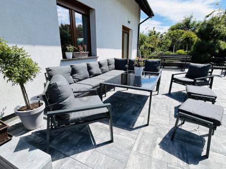 Grafitowe nowoczesne meble tarasowe Sodor Corner XXL narożnik z 2 fotelami i 2 pufami - Dark Grey