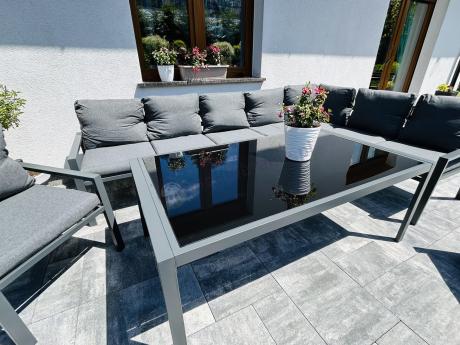 Grafitowe nowoczesne meble tarasowe Sodor Corner XXL narożnik z 2 fotelami i 2 pufami - Dark Grey